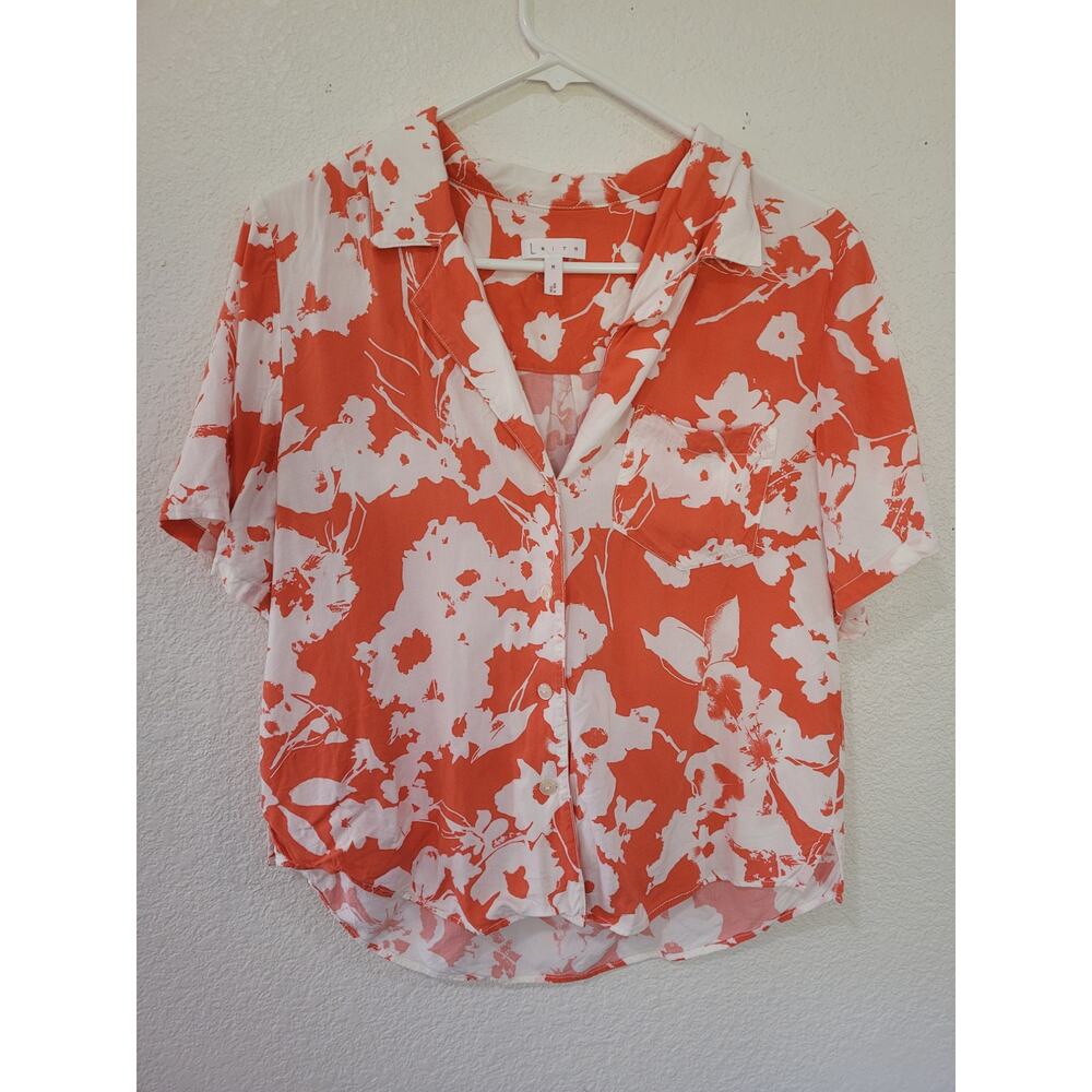 Leith Women's Orange Floral Button Up Top size Medium #16